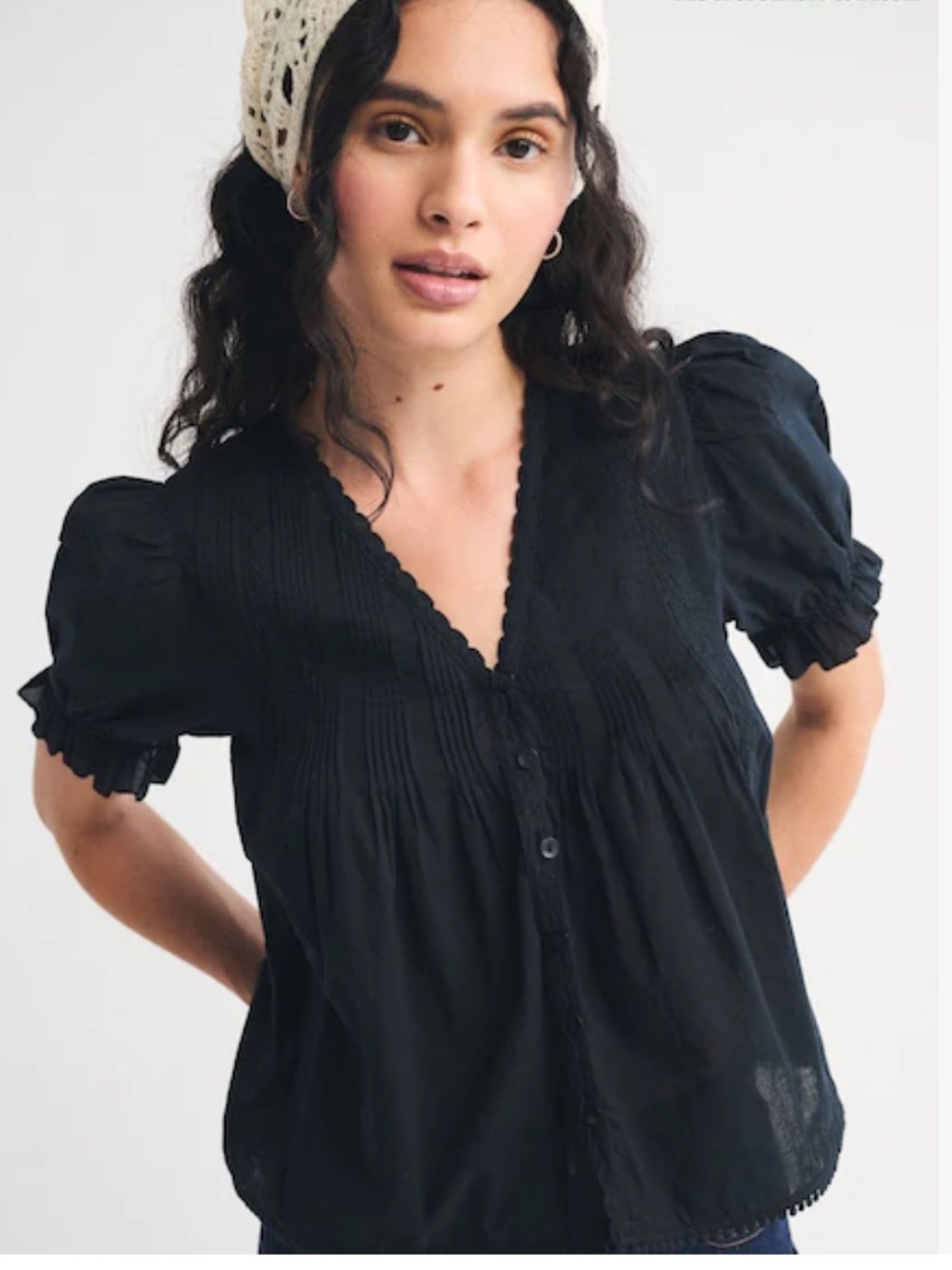 Abercrombie & Fitch Black Puff-Sleeve Button Front Blouse